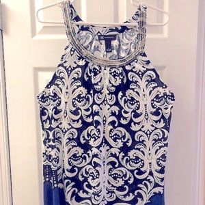 INC Printed and Embellished Top-Black/White/Royal